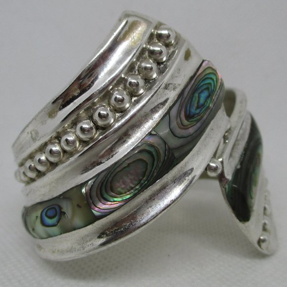 Wide ABALONE MEXICAN SILVER Clamper Mexican Cuff Bracelet Marked Alpaca Mexico - Picture 2 of 11